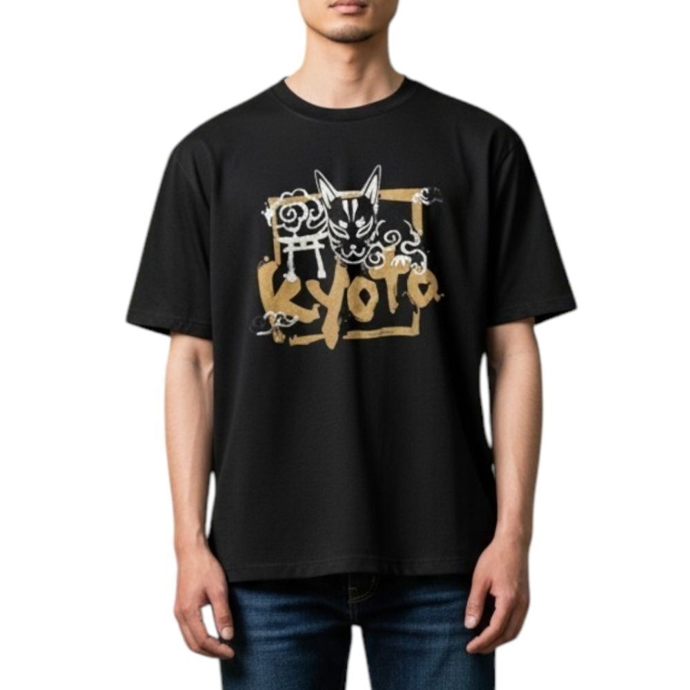 ​Fujiki Yuzenkata Kyoto Japan Kitsune Fox Mask Navy & Gold Graphic Tee Size L